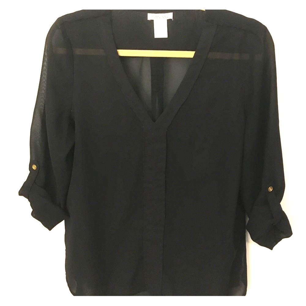 Sheer black blouse, optional rolled sleeve